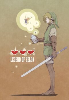 1boy 1girl armor blonde_hair blue_dress boots bottle brown_background brown_boots brown_gloves closed_mouth copyright_name dress elbow_pads fairy fairy_wings full_body gloves green_hat green_tunic grey_pants grey_shirt hair_between_eyes hat holding holding_bottle holding_sword holding_weapon leather_armor light_smile link long_hair nintendo pants phrygian_cap pointy_ears profile shiroton_(kazamineko) shirt short_hair sparkle standing sword the_legend_of_zelda tunic twitter_username vambraces weapon wings