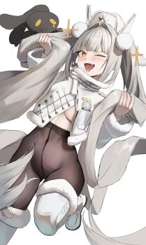 1girl ;o absurdres black_pantyhose blanc_(fortune_express)_(nikke) blanc_(nikke) boots breasts coat covered_navel fang fur-trimmed_boots fur_trim goddess_of_victory:_nikke highres kaba_(hama) long_hair looking_at_viewer medium_breasts official_alternate_costume official_alternate_hairstyle one_eye_closed pantyhose simple_background skin_fang solo twintails underboob very_long_hair white_background white_boots white_coat white_hair winter_clothes winter_coat yellow_eyes