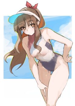 1girl absurdres bodypaint breasts brown_hair cleft_of_venus fate/extra fate/grand_order fate_(series) flat_cap hair_ribbon hand_on_own_hip hat highres jonyeld kishinami_hakuno_(female) long_hair nipples paint painted_clothes ponytail puffy_nipples pussy red_ribbon ribbon sidelocks small_breasts thighs