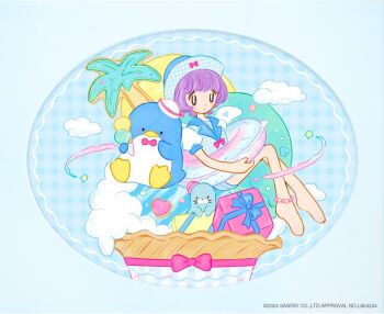 Rule 34 | . ., 1girl, animal, anklet, bird, black eyes, blue background, blue hat, blue ribbon, blue shorts, blue vest, bow, bowtie, box, chip (sanrio), closed mouth, cloud, comcomblue, commentary, copyright name, copyright notice, dixie cup hat, dot mouth, food, gift, gift box, hat, heart, holding, holding food, holding ice cream, holding swim ring, ice cream, ice cream cone, innertube, jewelry, lapels, looking at viewer, military hat, multiple scoops, no toes, official art, penguin, pink bow, pink hat, puffy short sleeves, puffy sleeves, purple hair, red bow, red bowtie, ribbon, sanrio, scallop, seal (animal), seashell, shell, shirt, short hair, short sleeves, shorts, star (symbol), swim ring, tuxedo sam, vest, water, white hat, white shirt, white wings, wings