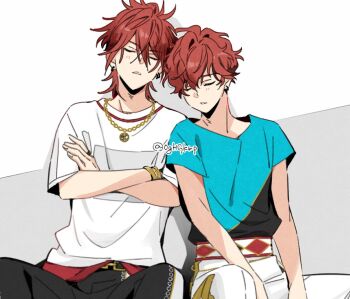 Rule 34 | 2boys, amagi hiiro, amagi rinne, black pants, black shirt, blue shirt, chain, chain necklace, closed eyes, crossed bangs, ensemble stars!, feet out of frame, grey background, hair between eyes, jewelry, light blush, male focus, multiple boys, necklace, ninomaeda, pants, parted lips, red hair, shirt, short hair, short sleeves, sitting, twitter username, two-tone background, two-tone shirt, white background, white pants, white shirt