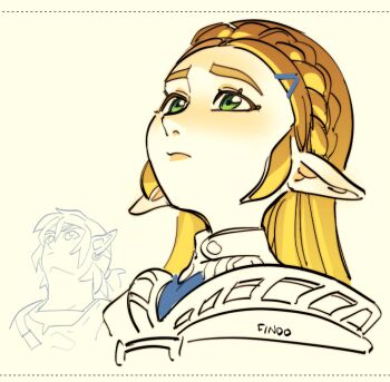 1boy 1girl artist_name blonde_hair braid closed_mouth commentary crown_braid elf findoworld from_below green_eyes hair_between_eyes hair_ornament hair_tie hairclip light_blush link long_hair looking_up low_ponytail meme nintendo parted_bangs pointy_ears ponytail princess_zelda sidelocks symbol-only_commentary the_legend_of_zelda the_legend_of_zelda:_breath_of_the_wild upper_body upward_angle_frieren_drawing_(meme)