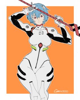 1girl arms_up blue_hair bodysuit border breasts commentary highres holding holding_polearm holding_weapon interface_headset_(evangelion) lance_of_longinus_(evangelion) looking_at_viewer mcq07gn mecha_pilot_suit neon_genesis_evangelion orange_background outside_border plugsuit_(evangelion) polearm red_eyes short_hair signature simple_background solo weapon white_bodysuit white_border wide_hips