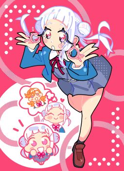 absurdres arashi_chisato blunt_bangs blush bourbunbun commentary double_bun dress grey_hair hair_bun highres jacket liella!_first_generation love_live! love_live!_superstar!! open_mouth red_eyes ribbon school_uniform shibuya_kanon shirt short_hair twintails white_hair white_shirt yuigaoka_school_uniform