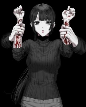 1girl 1other aegyo_sal black_eyes black_hair bleeding blood blunt_bangs breasts cowboy_shot grabbing_another's_arm hands_up long_hair looking_at_viewer mlepq original out_of_frame self-harm sidelocks sleeves_rolled_up striped_clothes striped_sweater sweater turtleneck turtleneck_sweater wrist_cutting