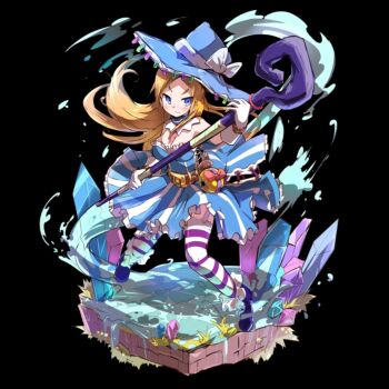 1girl belt black_background blonde_hair blue_dress blue_eyes blue_hair blush bow breasts brown_belt cleavage closed_mouth crystal detached_collar dress full_body gloves hat hat_bow highres holding holding_staff holding_weapon large_breasts large_hat long_hair merc_storia merc_storia_art_team official_art parted_bangs purple_shoes shoes simple_background solo sphere_(merc_storia) staff standing striped_clothes striped_dress striped_thighhighs tachi-e thighhighs tsurime v-shaped_eyebrows water weapon white_bow white_gloves witch witch_hat