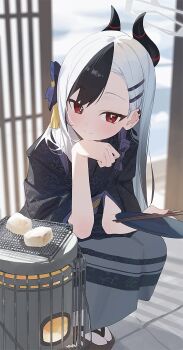 1girl black_hair black_horns blue_archive demon_girl demon_horns grey_halo halo hashtag-only_commentary highres horns japanese_clothes kayoko_(blue_archive) kayoko_(new_year)_(blue_archive) kimono looking_at_viewer multicolored_hair nnmbpx official_alternate_costume official_alternate_hairstyle red_eyes socks solo tabi two-tone_hair white_hair white_socks