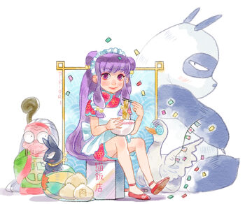 2girls absurdres bandana bird cologne_(ranma_1/2) duck food giuliapriorip glasses highres looking_at_viewer mousse_(ranma_1/2) multiple_girls noodles old old_woman p-chan panda pig purple_eyes purple_hair ramen ranma_1/2 saotome_genma_(panda) shampoo_(ranma_1/2) sitting smile yellow_bandana