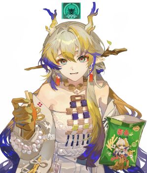 1girl absurdres arknights artist_name blonde_hair blue_hair character_print collarbone colored_extremities colored_skin commentary_request dragon_horns earrings eastern_dragon_horns food food_wrapper french_fries grey_hair hair_ornament hair_stick highres holding holding_food horns jewelry long_hair looking_at_viewer multicolored_hair multicolored_horns parted_lips pointy_ears pun qin-meow red_pupils self_character_print shu_(arknights) simple_background snack solo upper_body very_long_hair white_background yellow_skin
