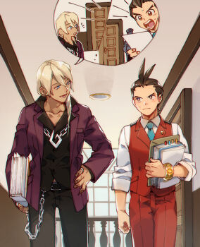 2boys ace_attorney antenna_hair apollo_justice apollo_justice:_ace_attorney belt belt_buckle black_belt black_pants black_shirt blonde_hair blue_eyes blue_necktie book bracelet bright_pupils brown_eyes brown_hair buckle buttons ceiling ceiling_light chain chain_necklace closed_mouth collarbone collared_shirt commentary_request door double-parted_bangs dress_pants drill_hair fingernails forked_eyebrows frown furrowed_brow gold_bracelet guard hair_between_eyes hair_over_shoulder hand_on_own_hip hi-fi_(fijazzy) holding holding_book holding_paper image_in_speech_bubble index_ring indoors initial jacket jewelry klavier_gavin lapel_pin lapels long_hair long_sleeves looking_at_another looking_to_the_side male_focus multiple_boys necklace necktie notched_lapels notice_lines open_clothes open_jacket open_mouth pants paper purple_jacket railing red_pants red_vest ring shirt short_hair shout_lines shouting side-by-side side_drill sleeves_rolled_up smile speech_bubble suit_jacket sweatdrop talking tan teeth vest waistcoat walking wallet_chain white_pupils white_shirt window wing_collar