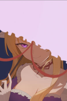 Rule 34 | 1girl, absurdres, blonde hair, breasts, choker, cleavage, closed mouth, commentary, dress, highres, holding, holding umbrella, long hair, looking at viewer, palulap, purple dress, purple eyes, red ribbon, ribbon, ribbon choker, smile, solo, touhou, umbrella, yakumo yukari