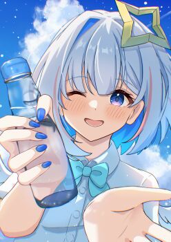 1girl absurdres akagawashake amane_kanata aqua_bow aqua_bowtie blue_nails blush bob_cut bottle bow bowtie collared_shirt colored_inner_hair commentary_request fingernails hair_between_eyes halo highres holding holding_bottle hololive looking_at_viewer multicolored_hair nail_polish one_eye_closed pink_hair shirt short_hair single_hair_intake smile solo star_halo virtual_youtuber water_bottle yellow_halo