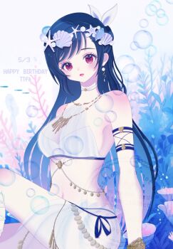 1girl air_bubble bare_shoulders belly_chain bikini birthday black_hair blush bow breasts bubble character_name choker commentary_request dated earrings feet_out_of_frame final_fantasy final_fantasy_vii final_fantasy_vii:_ever_crisis gold_necklace hair_bow hair_ornament happy_birthday highres jewelry long_hair looking_at_viewer lumi_1000 medium_breasts navel necklace official_alternate_costume pearl_earrings red_eyes red_lips seaweed shell shell_hair_ornament sitting solo stomach swimsuit thighs tifa_lockhart tifa_lockhart_(passion_mermaid) underwear water white_bikini white_bow white_choker