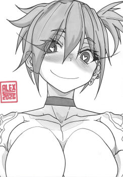 Rule 34 | 1girl, artalexc, blush, breasts, choker, cleavage, closed mouth, collarbone, ear piercing, earrings, eyes visible through hair, hair between eyes, heart, heart-shaped pupils, jewelry, large breasts, looking at viewer, misty (pokemon), muscular, nintendo, no nipples, nude, piercing, pokemon, pokemon (anime), pokemon (classic anime), short hair, side ponytail, simple background, smile, solo, spot color, symbol-shaped pupils, traditional media, upper body, veins, white background