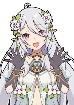 1girl :d absurdres antenna_hair black_gloves blush bracelet breasts commentary_request dot_nose dress elbow_gloves elf eyes_visible_through_hair flower flower_trim front_slit gloves gold_bracelet hair_between_eyes hair_flower hair_ornament halterneck hands_up highres jewelry kokkoro_(princess_connect!) kokkoro_(young_guide)_(princess_connect!) leaf long_hair long_hair_between_eyes looking_at_viewer medium_breasts navel open_hands open_mouth pointy_ears princess_connect! purple_eyes see-through_clothes see-through_sleeves short_sleeves sideboob sideless_outfit simple_background siomizuuu smile solo textless_version upper_body white_background white_dress white_flower white_hair