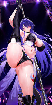 1girl absurdres acheron_(honkai:_star_rail) adapted_costume armpits asymmetrical_footwear black_boots black_bra black_gloves black_panties blush boots bra breasts cameltoe closed_mouth commentary commission gloves hair_intakes hair_ornament highres holding holding_pole honkai:_star_rail honkai_(series) huge_breasts kiek_qaq knee_boots leg_tattoo leg_up long_hair looking_at_viewer navel panties partially_visible_vulva pixiv_commission pole purple_eyes purple_hair single_knee_boot single_thigh_boot solo split standing standing_on_one_leg standing_split stomach sweat tattoo thigh_boots thighs underwear uneven_footwear very_long_hair