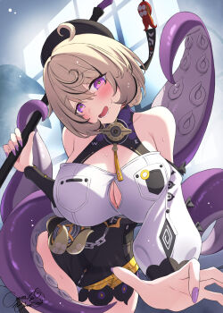 1girl asymmetrical_shorts bare_shoulders beret black_hat black_shorts blonde_hair blush breasts button_gap cleavage cocoablue23 collarbone commentary_request cowboy_shot cowlick detached_sleeves hair_between_eyes hat head_tilt high-waist_shorts highres holding holding_weapon large_breasts looking_at_viewer mole mole_under_mouth open_mouth purple_eyes purple_nails shirt short_hair shorts solo suction_cups sweat tentacle_girl tentacle_tail tentacles weapon white_shirt yidhari_murphy zenless_zone_zero