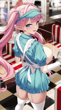 1girl :d absurdres blue_dress blue_eyes blue_ribbon blurry blurry_background breasts chair commentary diner dress elf english_commentary fang garter_straps gloves hair_ribbon highres holding holding_tray huge_breasts kook large_breasts long_hair looking_at_viewer open_mouth original part-time_job_elf_(kook) pink_hair pointy_ears ribbon short_sleeves sideboob smile solo standing table thighhighs tile_floor tiles tray twintails very_long_hair visor_cap waitress white_garter_straps white_gloves white_thighhighs window