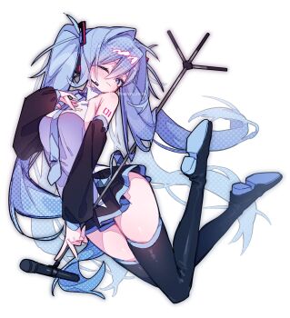 1girl arm_tattoo arm_up blue_eyes blue_hair blue_necktie boots breasts floating floating_hair full_body hair_between_eyes hatsune_miku highres long_hair looking_at_viewer medium_breasts microphone miniskirt necktie one_eye_closed pleated_skirt rarirure_rirure shirt simple_background skirt sleeveless sleeveless_shirt solo tattoo thigh_boots thighhighs thighs twintails twitter_username very_long_hair vocaloid white_background zettai_ryouiki