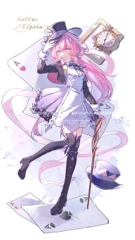 1girl absurdres ace_(playing_card) ace_of_clubs ace_of_diamonds ace_of_hearts ace_of_spades analog_clock black_boots blue_eyes boots cane card character_name chinese_commentary clock club_(shape) commentary_request cropped_jacket diamond_(shape) dress elysia_(honkai_impact) gloves hat heart highres holding holding_cane honkai_(series) honkai_impact_3rd long_hair luohuabanyu71142 official_alternate_costume playing_card simple_background solo spade_(shape) thigh_boots top_hat watermark white_background white_dress white_gloves