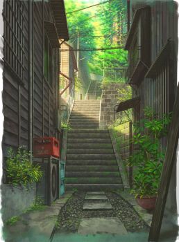 beer_crate building cola_(gotouryouta) commentary_request condenser_unit day grass industrial_pipe moss no_humans original outdoors path plank plant potted_plant power_lines railing road scenery stairs sunlight tree