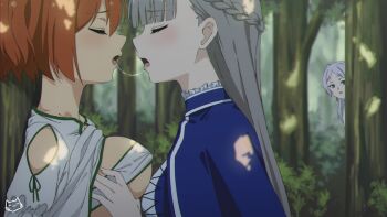 3girls after_kiss artist_logo blue_capelet blue_dress blush breasts capelet closed_eyes collar dappled_sunlight dress elf french_kiss frieren frilled_capelet frilled_collar frills green_eyes grey_hair kanne_(sousou_no_frieren) keihh kiss lawine_(sousou_no_frieren) logo long_hair medium_breasts multiple_girls open_mouth orange_hair pointy_ears saliva saliva_trail short_hair sousou_no_frieren sunlight tongue tongue_out tree tree_shade white_hair yuri