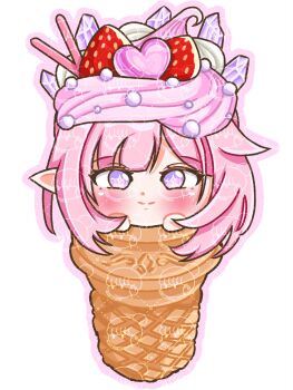 1girl commentary diamond-shaped_pupils diamond_(shape) elf elysia_(hi_love_elf)_(honkai_impact) elysia_(honkai_impact) english_commentary food fruit highres honkai_(series) honkai_impact_3rd ice_cream_cone pink_hair pointy_ears purple_hair shimearii short_hair simple_background smile solo strawberry symbol-shaped_pupils white_background