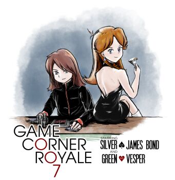 007 1boy 1girl ahoge ass back backless_dress backless_outfit bare_shoulders black_dress blue_eyes boots breasts brown_hair casino_card_table character_name cocktail_glass crossed_legs cup dress drinking_glass earrings english_text eyelashes from_behind green_(pokemon) grey_eyes halterneck hand_up highres holding_glass james_bond_(series) jewelry knee_boots long_hair long_sleeves looking_at_viewer looking_back medium_breasts medium_hair neck nintendo no_bra no_gloves parody parted_bangs pendant pilosophos pokemon pokemon_adventures poker_chip red_hair shoulder_blades sidelocks silver_(pokemon) sitting sitting_on_table sleeveless sleeveless_dress smile swept_bangs table thighs tight_clothes tight_dress white_boots