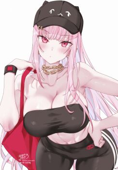 1girl absurdres artist_name bare_shoulders black_hat black_pants black_tube_top black_wrist_cuffs blush breasts chain chain_necklace cleavage collarbone commentary earrings hat highres hololive hololive_english jewelry kamiya_maneki large_breasts long_hair looking_at_viewer mori_calliope necklace pants pink_bag pink_eyes pink_hair signature simple_background skull_print solo stomach strapless thighs track_pants tube_top twitter_username virtual_youtuber white_background wrist_cuffs