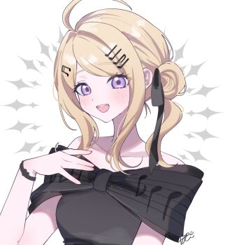 1girl ahoge akamatsu_kaede bare_shoulders black_dress black_ribbon blonde_hair breasts collarbone commentary_request danganronpa_(series) danganronpa_v3:_killing_harmony dress fortissimo hair_ornament hair_ribbon highres long_hair medium_breasts musical_note musical_note_hair_ornament musical_note_print musical_staff open_mouth pote_(pote_39) ribbon smile upper_body