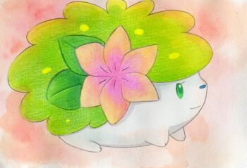 animal_focus closed_mouth flower from_side full_body gen_4_pokemon green_eyes legendary_pokemon mythical_pokemon nintendo no_humans pink_flower pokemon pokemon_(creature) red_background shaymin shaymin_(land) solo traditional_media yuka_(yukaaaaaaa0705)