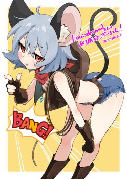 1girl :o alternate_costume animal_ears ass ass_cutout bandana bandana_around_neck bare_legs black_shirt blush boots border breasts brown_boots brown_gloves brown_jacket cleavage clothing_cutout commentary_request commission cowboy_western cowgirl_(western) cropped_jacket denim denim_shorts emphasis_lines feet_out_of_frame fingerless_gloves gloves grey_hair hand_on_own_knee hand_up highres jacket jewelry jitome l_hand leaning_forward midriff mouse_ears mouse_girl mouse_tail nazrin necklace pendant red_bandana red_eyes rope shirt short_hair short_shorts shorts skeb_commission sleeveless sleeveless_jacket small_breasts solo sound_effects tail take_no_ko_(4919400) teeth thick_eyebrows touhou upper_teeth_only white_border yellow_background