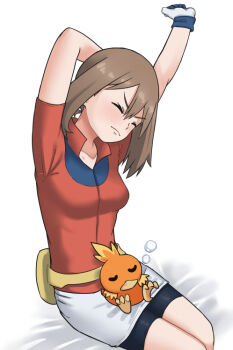 1girl bike_shorts bike_shorts_under_skirt blendinglight breasts brown_hair closed_eyes closed_mouth collared_shirt fanny_pack frown gen_3_pokemon gloves legs_together may_(pokemon) mixed-language_commentary nintendo on_lap pokemon pokemon_(creature) pokemon_on_lap pokemon_rse popped_collar red_shirt shirt short_sleeves sitting skirt squeans stretching torchic white_skirt yellow_bag