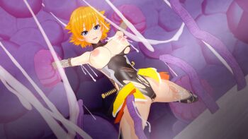 1girl 3d action_taimanin artist_request ass blue_eyes boots breasts breasts_out highleg highleg_leotard highres igawa_sakura knife large_breasts leotard looking_at_viewer miniskirt nervous_smile nipples open_mouth restrained revealing_clothes shiny_clothes shiny_skin skirt smile spread_legs taimanin_(series) taimanin_asagi taimanin_rpgx taimanin_suit tentacles thigh_boots torn_clothes weapon wide_hips you_gonna_get_raped