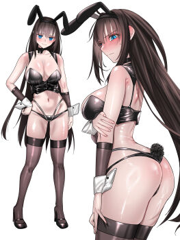 Rule 34 | 1girl, absurdres, animal ears, aozaki aoko, ass, bare shoulders, bikini, black bikini, black hair, black vest, blue eyes, blue notuki, blush, breasts, bunny day, cleavage, cowboy shot, fake animal ears, fake tail, full body, highres, large breasts, mahou tsukai no yoru, multiple views, playboy bunny, rabbit ears, rabbit tail, simple background, swimsuit, tail, vest, white background