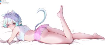 Rule 34 | 1girl, absurdres, ahoge, animal ear fluff, animal ears, arched back, ass, bare arms, bare shoulders, barefoot, bed sheet, blue eyes, bluesky username, blush, bow, breasts, cat ears, cat girl, cat tail, closed mouth, commentary, densetsu.exe, dolphin shorts, email address, english commentary, from side, full body, gradient hair, green hair, hair bow, hair ornament, hairclip, highres, hugging object, kemonomimi mode, leg up, looking at viewer, loungewear, lying, maid headdress, median furrow, mint fantome, mole, mole on ass, multicolored hair, on stomach, patreon username, pillow, pillow hug, pink shorts, pointy ears, seductive smile, short shorts, shorts, sideboob, small breasts, smile, solo, syxh, tail, tank top, triangular headpiece, twitter username, underbutt, virtual youtuber, white background, white hair, white tank top, x hair ornament
