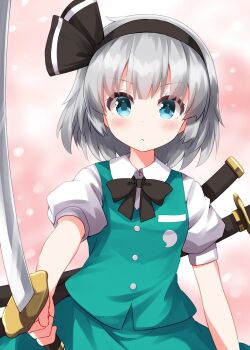1girl black_bow black_bowtie black_hairband blush bow bow_hairband bowtie buttons closed_mouth collared_shirt commentary cowboy_shot green_skirt green_vest grey_hair hairband highres holding holding_sword holding_weapon konpaku_youmu looking_at_viewer pink_background ruu_(tksymkw) sheath shirt short_hair short_sleeves skirt skirt_set solo sword touhou vest weapon white_shirt