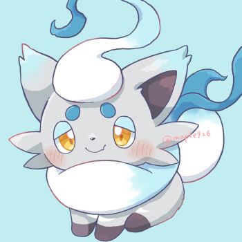 alternate_color animal_focus blue_fur blush closed_mouth full_body grey_fur highres hisuian_zorua kana_(maple926) nintendo no_humans pokemon pokemon_(creature) pokemon_focus shiny_pokemon simple_background sitting smile solo yellow_eyes