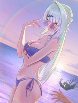 1girl 1other absurdres alternate_costume arm_under_breasts backlighting bare_arms bare_shoulders bikini bird black_bird blue_bikini blunt_bangs blurry blurry_foreground breasts chromatic_aberration cloud commentary cowboy_shot dutch_angle evening from_side grey_hair hair_between_eyes hair_ornament hairclip half_updo hands_up highres horizon large_breasts lens_flare long_hair looking_at_viewer looking_over_eyewear looking_to_the_side multi-strapped_bikini_bottom navel o-ring o-ring_bikini o-ring_top ocean out_of_frame parted_lips purple-tinted_eyewear purple_sky side-tie_bikini_bottom sideways_glance single_hair_intake sky solo_focus stomach strapless strapless_bikini sugarism sun sunglasses sunset swimsuit tinted_eyewear v-shaped_eyebrows very_long_hair water yellow-framed_eyewear yellow_eyes yixuan_(zenless_zone_zero) zenless_zone_zero