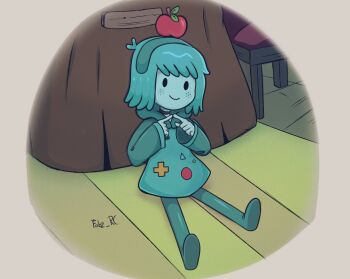 1girl adventure_time apple blue_hair blue_hoodie blue_skin bmo closed_mouth colored_skin commentary fabz_rc food food_on_head fruit fruit_on_head full_body highres hood hoodie humanization in-universe_location index_fingers_together indoors leaf long_sleeves object_on_head sitting smile solo wide_sleeves