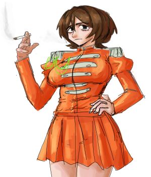 animification breasts brown_eyes brown_hair cigarette closed_mouth epaulettes expressionless genderswap genderswap_(mtf) george_harrison hand_on_own_hip hatsuno holding holding_cigarette jacket large_breasts looking_to_the_side orange_jacket orange_skirt pleated_skirt real_life short_hair simple_background skirt smoke solo the_beatles white_background
