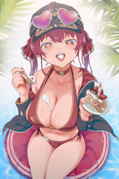 1girl alternate_headwear bikini breasts breasts_day cake candle choker cleavage coat collarbone cowboy_shot cream cream_on_body cream_on_face curvy day eyelashes eyewear_on_headwear food food_on_face from_above fruit gold_trim halterneck heart heart-shaped_eyewear heart-shaped_pupils heterochromia highres holding holding_plate holding_spoon hololive houshou_marine houshou_marine_(summer) large_breasts leaf lifebuoy long_hair looking_at_viewer navy_baseball_cap no_eyepatch off-shoulder_coat off_shoulder open_mouth outdoors palm_leaf palm_tree pink-tinted_eyewear plate red_bikini red_choker red_eyes red_hair red_lining side-tie_bikini_bottom sitting solo spoon strawberry strawberry_cake sunglasses swim_ring swimsuit symbol-shaped_pupils thick_thighs thighs tinted_eyewear tongue tongue_out tree twintails twitter_username vinhnyu virtual_youtuber water whipped_cream yellow_eyes