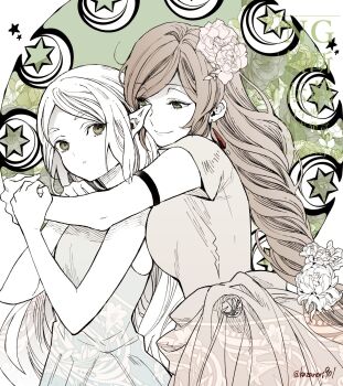 2girls armband arms_around_neck black_armband braid breasts brown_hair dress earrings elf flamme_(sousou_no_frieren) flower frieren hair_flower hair_ornament highres hug hug_from_behind jewelry large_breasts long_dress long_hair looking_at_another medium_breasts multiple_girls nanahachi_77889 parted_bangs parted_lips pointy_ears short_sleeves single_braid sleeveless sleeveless_dress smile sousou_no_frieren swept_bangs twitter_username upper_body white_hair
