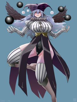 1girl alternate_breast_size_(larger) alternate_costume ball black_leotard black_wings blue_background blush boots breasts brown_boots clown commentary_request feathered_wings full_body gloved_sleeves grey_hair hat highleg highleg_leotard highres huge_breasts itini-sanshi jester jester_cap juggling leotard long_hair looking_at_viewer neck_ruff open_mouth purple_hat red_eyes rozen_maiden shirt simple_background smile solo striped_clothes striped_shirt striped_thighhighs suigintou thighhighs white_shirt white_thighhighs wings