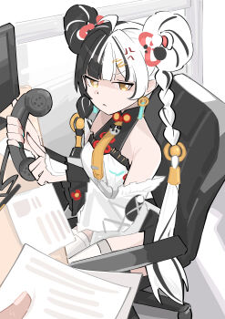 1girl 1other absurdres ahoge anger_vein aqua_nails bare_shoulders black_hair braid braided_twintails chair china_dress chinese_clothes closed_mouth commentary_request corded_phone desk dialyn_(zenless_zone_zero) dress earrings hair_extensions hair_intakes highres holding holding_paper holding_phone indoors jewelry long_hair looking_at_viewer monitor multicolored_hair multicolored_nails necktie office_chair on_chair out_of_frame paper phone pov pov_hands red_nails ring_hair_extensions sitting split-color_hair sweat swivel_chair thighhighs white_hair white_thighhighs yellow_eyes yellow_necktie zenless_zone_zero zp_(276878679)