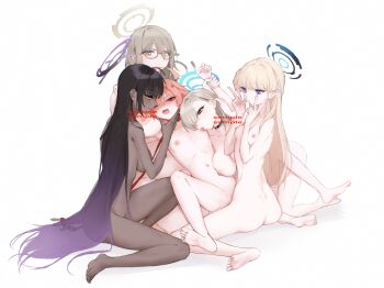 05111107a 5girls akane_(blue_archive) asuna_(blue_archive) barefoot bdsm biting black_choker black_hair blonde_hair blue_archive blue_eyes breasts brown_eyes choker cleaning_&amp;_clearing_(blue_archive) closed_mouth collar commentary commission completely_nude dark-skinned_female dark_skin double_v femdom flat_chest glasses gradient_hair grey_hair halo highres karin_(blue_archive) large_breasts leash multicolored_hair multiple_girls navel neru_(blue_archive) nipple_biting nipple_stimulation nipples nude open_mouth pink_hair purple_hair pussy_juice red_eyes simple_background slave smile soles toes toki_(blue_archive) v white_background yuri