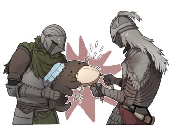 2boys animal armor ashen_one_(dark_souls) commentary dark_souls_(series) dark_souls_iii donar0217 eating elden_ring from_side fromsoftware gauntlets green_scarf grey_hair helm helmet holding holding_animal long_hair multiple_boys scarf tarnished_(elden_ring)