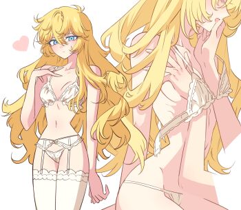 1boy 1girl andre_grandier bare_shoulders blonde_hair blue_eyes blush bra breasts closed_mouth cowboy_shot garter_belt grabbing_another&#039;s_breast groping hair_between_eyes hand_on_another&#039;s_face hand_up heart hetero lace lace-trimmed_legwear lace_trim lingerie long_hair looking_at_viewer meremero multiple_views navel oscar_francois_de_jarjayes out_of_frame panties small_breasts standing thighhighs underwear underwear_only undone_bra versailles_no_bara white_background white_bra white_panties white_thighhighs