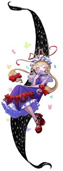 1girl absurdres blonde_hair bug butterfly commentary_request dress gap_(touhou) hand_fan highres insect long_hair minus_(sr_mineka) pleated_dress purple_dress simple_background solo touhou white_background yakumo_yukari