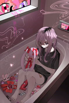 1girl absurdres bandage_on_leg barefoot bath black_hair black_shirt black_shorts bow bowtie character_doll commentary_request compact_(cosmetics) cosmetics doll drugs frown hanataro_(sruvhqkehy1zied) heterochromia highres holding holding_doll implied_self-harm long_hair looking_down looking_inside magic multicolored_hair original pink_eyes pink_hair purple_eyes red_bow red_bowtie red_shoes roots_(hair) shirt shoes short_sleeves shorts unworn_bowtie unworn_shoes window